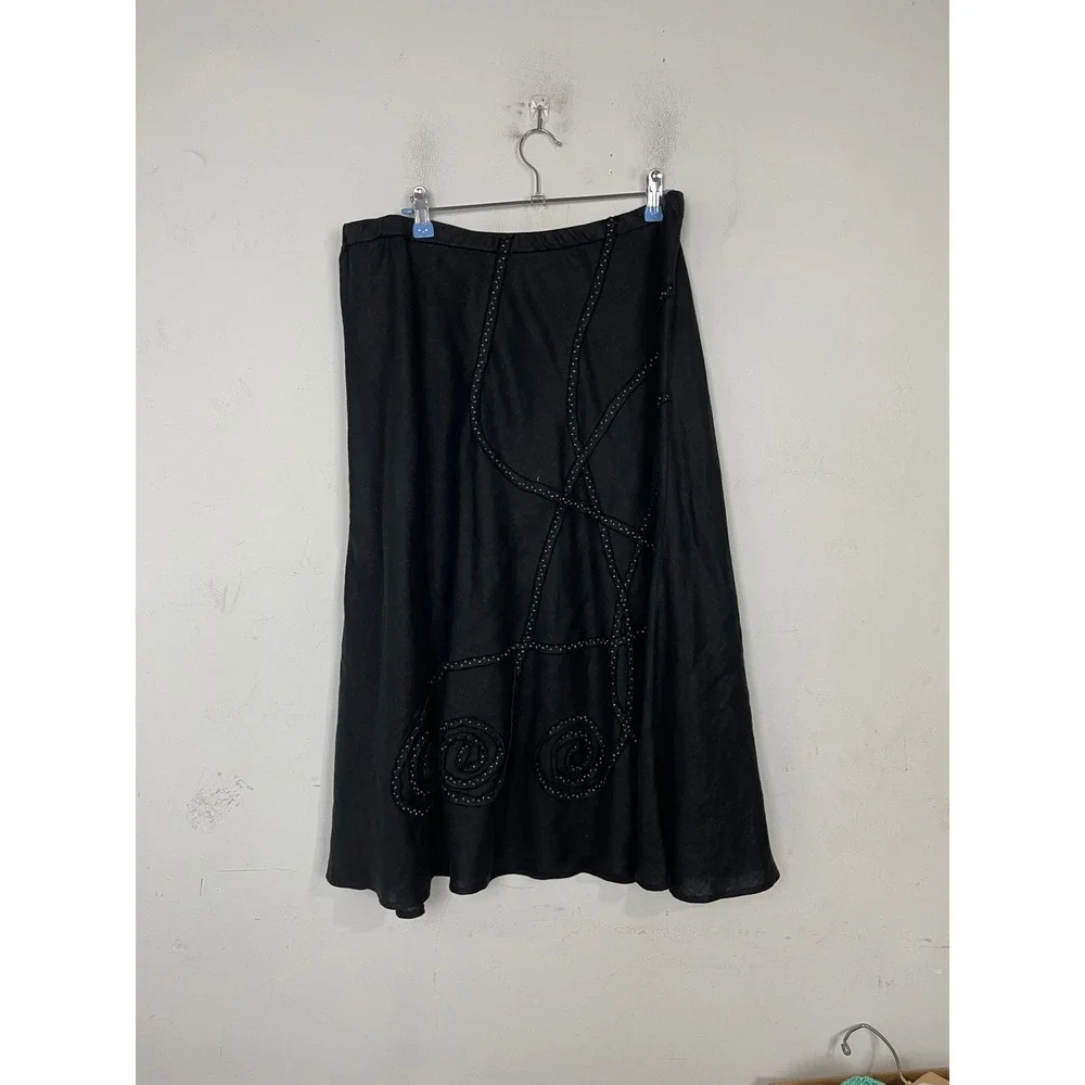 JM Collection Petite Black 100% Linen Beaded Soutache Midi Skirt Womens 16P‎